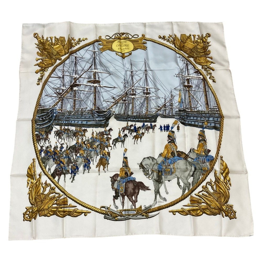 HERMES MARINE ET CAVALERIE (Sea and Marines) Carre 90 Large Scarf/Muffler, Wh...
